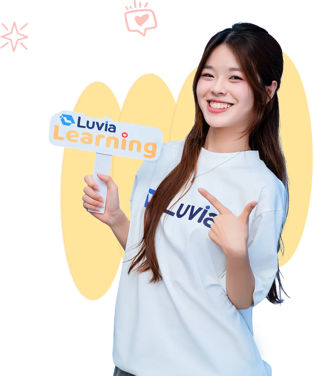 Teacher with Luvia Learning sign